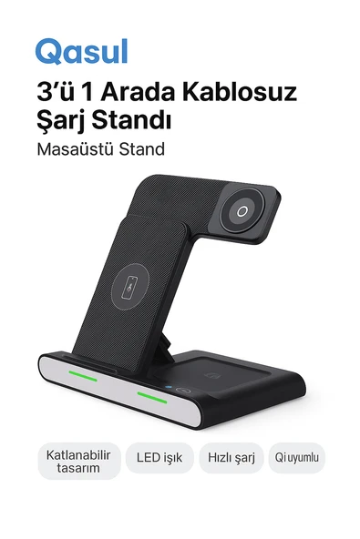 3 ü 1 Arada Katlanabilir Kablosuz Şarj Cihazı -Telefon, Kulaklık, Akıllı Saat Uyumlu