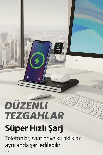 3 ü 1 Arada Katlanabilir Kablosuz Şarj Cihazı -Telefon, Kulaklık, Akıllı Saat Uyumlu - 5