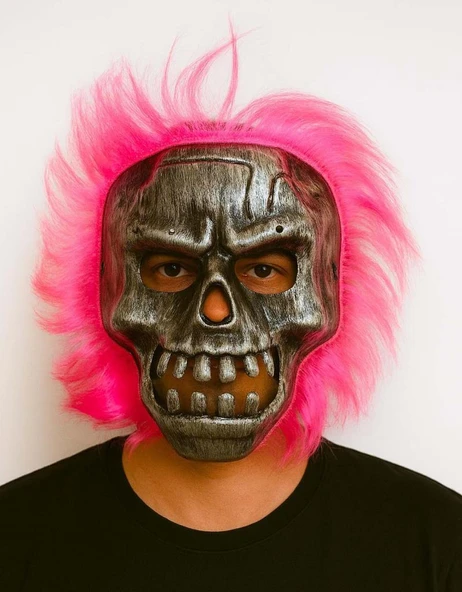 Nessiworld Wild Skull - Gümüş Kafatası Pembe Saçlı İskelet Maske - 1