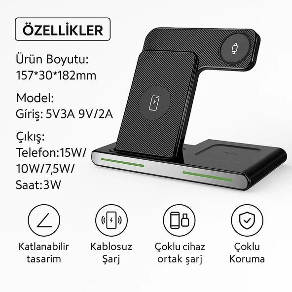 3 ü 1 Arada Katlanabilir Kablosuz Şarj Cihazı -Telefon, Kulaklık, Akıllı Saat Uyumlu - 3