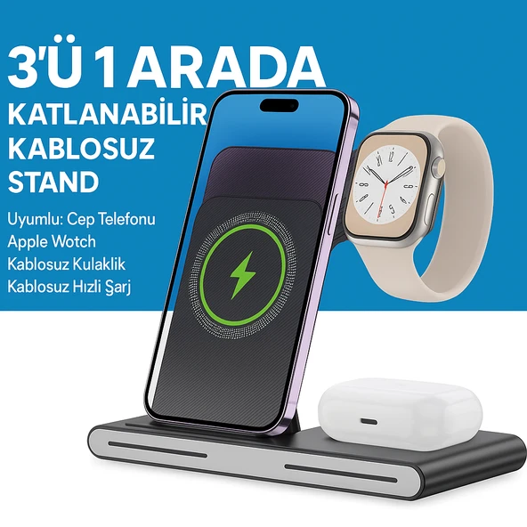 3 ü 1 Arada Katlanabilir Kablosuz Şarj Cihazı -Telefon, Kulaklık, Akıllı Saat Uyumlu - 4