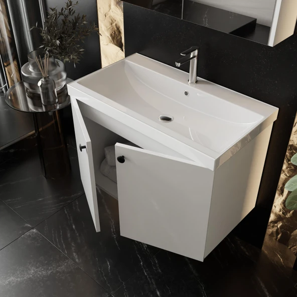 Karen Banyo Mimoza 80 Cm Mdf,Lavabolu,Aynalı Banyo Dolabı Seti,Seramik Lavabo Dahil Beyaz Mdf - 2