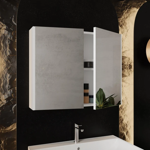 Karen Banyo Mimoza 80 Cm Mdf,Lavabolu,Aynalı Banyo Dolabı Seti,Seramik Lavabo Dahil Beyaz Mdf - 3