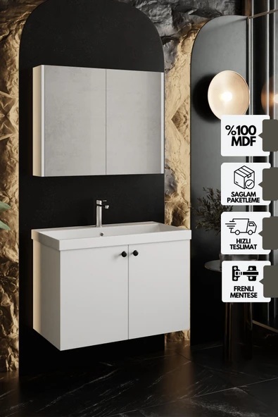 Karen Banyo Mimoza 80 Cm Mdf,Lavabolu,Aynalı Banyo Dolabı Seti,Seramik Lavabo Dahil Beyaz Mdf - 1