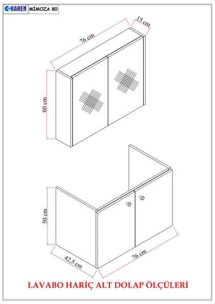 Karen Banyo Mimoza 80 Cm Mdf,Lavabolu,Aynalı Banyo Dolabı Seti,Seramik Lavabo Dahil Beyaz Mdf - 5