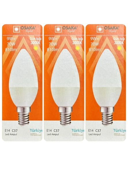 (3 Adet) Osaka 9W (70W) Sarı Işık (3000K) E14 Duylu (İnce Duy) Led Mum Ampul ürün görseli