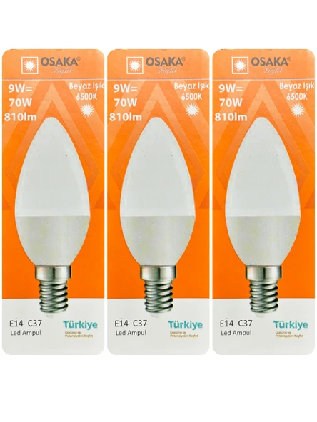 (3 Adet) Osaka 9W (70W) Beyaz Işık (6500K) E14 Duylu (İnce Duy) Led Mum Ampul
