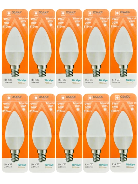 (10 Adet) Osaka 9W (70W) Beyaz Işık (6500K) E14 Duylu (İnce Duy) Led Mum Ampul ürün görseli 1