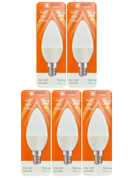 (5 Adet) Osaka 9W (70W) Sarı Işık (3000K) E14 Duylu (İnce Duy) Led Mum Ampul