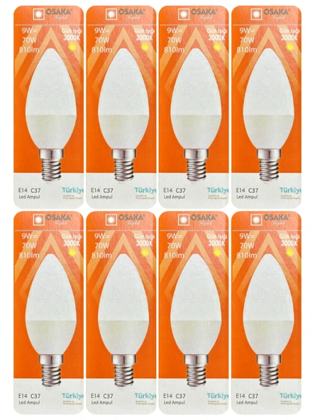 (8 Adet) Osaka 9W (70W) Sarı Işık (3000K) E14 Duylu (İnce Duy) Led Mum Ampul ürün görseli