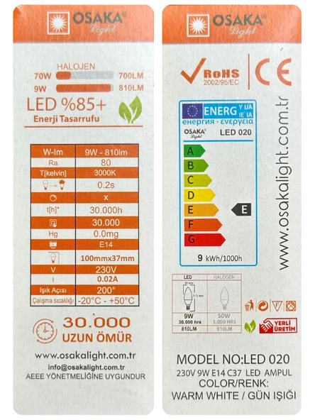 (4 Adet) Osaka 9W (70W) Sarı Işık (3000K) E14 Duylu (İnce Duy) Led Mum Ampul - Resim 4