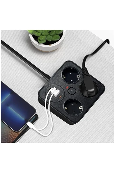 Akım Korumalı Anahtarlı Priz - 3x Priz - 2x Usb - 2x Type-c - 2 Mt Kablo Hızlı Şarj Özellikli Siyah - 3