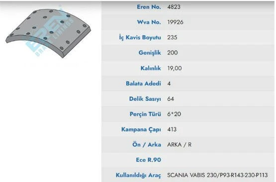 KAMPANA BALATA SCANIA VABIS 230 ARKA P 93 - R 143  19932 ürün görseli