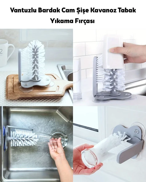 Vantuzlu Lavabo Bardak ve Şişe Yıkama Fırçası, Cam, Kavanoz ve Tabak Temizlik Fırçası - 5