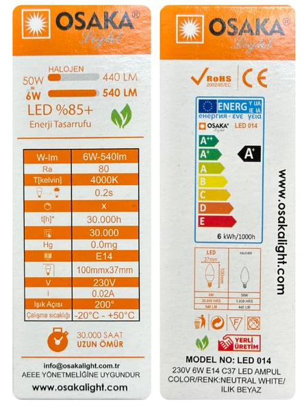 (8 Adet) Osaka 6W (50W) Günışığı (4000K) E14 Duylu (İnce Duy) Led Mum Ampul - 4