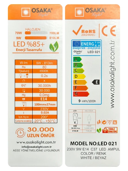 (10 Adet) Osaka 9W (70W) Beyaz Işık (6500K) E14 Duylu (İnce Duy) Led Mum Ampul - Resim 4