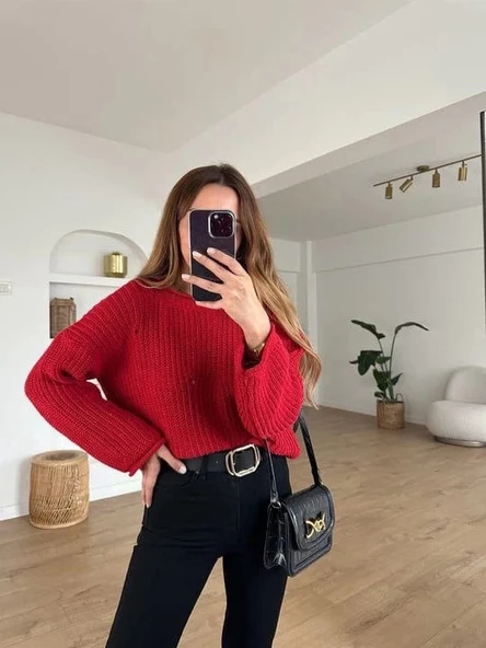 Salaş delik detaylı kazak kırmızı - 4