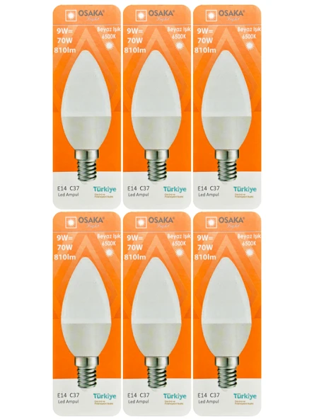 (6 Adet) Osaka 9W (70W) Beyaz Işık (6500K) E14 Duylu (İnce Duy) Led Mum Ampul ürün görseli 1