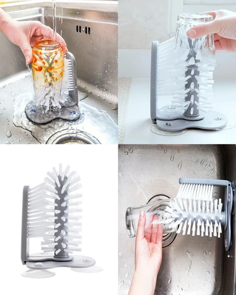 Vantuzlu Lavabo Bardak ve Şişe Yıkama Fırçası, Cam, Kavanoz ve Tabak Temizlik Fırçası - 3