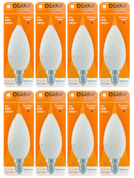 (8 Adet) Osaka 6W (50W) Günışığı (4000K) E14 Duylu (İnce Duy) Led Mum Ampul
