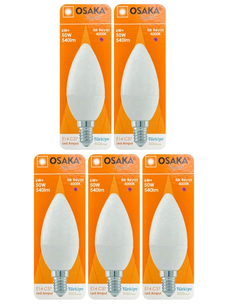 (5 Adet) Osaka 6W (50W) Günışığı (4000K) E14 Duylu (İnce Duy) Led Mum Ampul ürün görseli 1