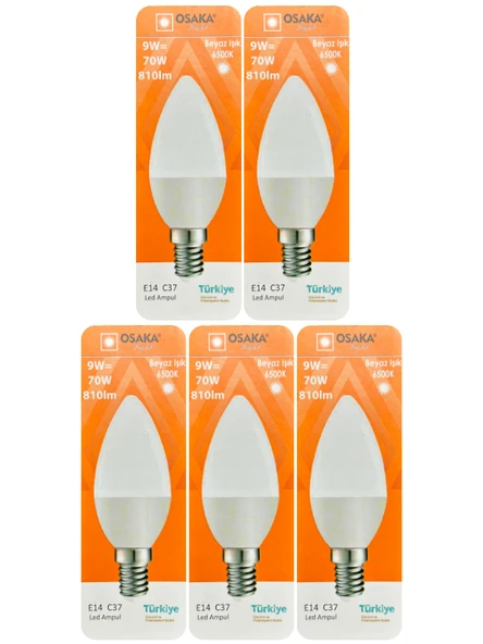 (5 Adet) Osaka 9W (70W) Beyaz Işık (6500K) E14 Duylu (İnce Duy) Led Mum Ampul ürün görseli 1