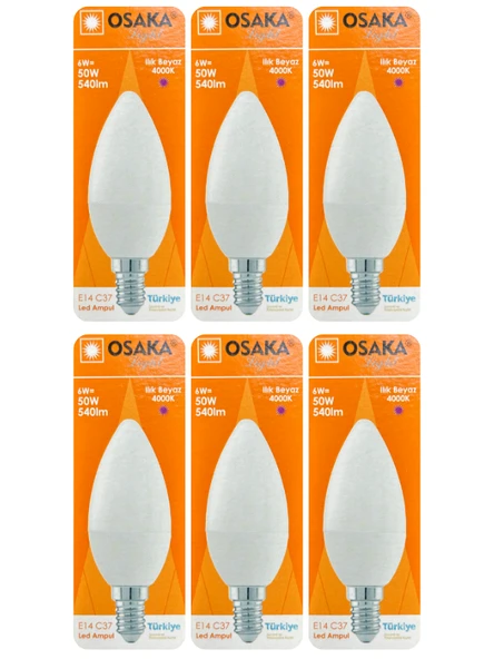 (6 Adet) Osaka 6W (50W) Günışığı (4000K) E14 Duylu (İnce Duy) Led Mum Ampul