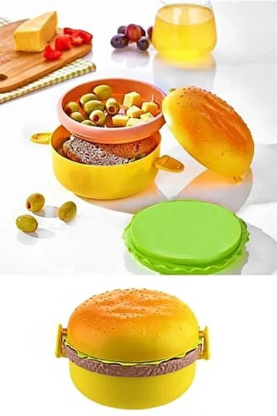 Hamburger Şeklinde Beslenme Kutusu Yemek Kuruyemiş Saklama Kabı Okul Menü Çocuk Çantası Sefer Tası