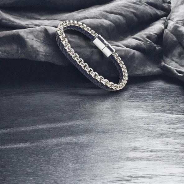 İkili Deri Ve Çelik Zincir Bileklik 31834B16D1 - Resim 2