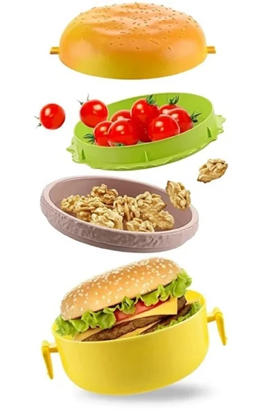 Hamburger Şeklinde Beslenme Kutusu Yemek Kuruyemiş Saklama Kabı Okul Menü Çocuk Çantası Sefer Tası - 8