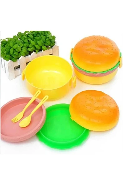Hamburger Şeklinde Beslenme Kutusu Yemek Kuruyemiş Saklama Kabı Okul Menü Çocuk Çantası Sefer Tası - 5
