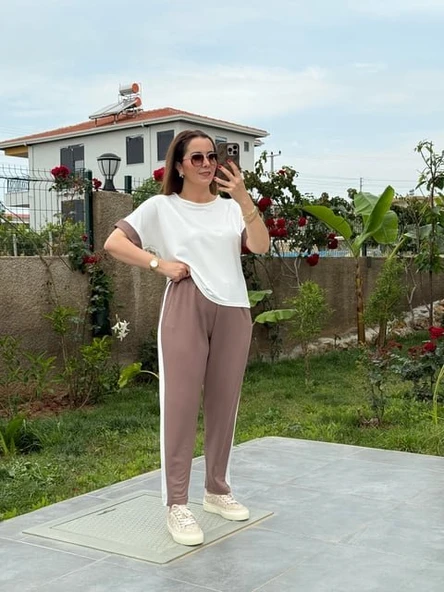 Kadın Modal Dokulu Kumaş Yanı şeritli Takım - Resim 2