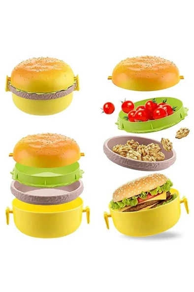Hamburger Şeklinde Beslenme Kutusu Yemek Kuruyemiş Saklama Kabı Okul Menü Çocuk Çantası Sefer Tası - 3