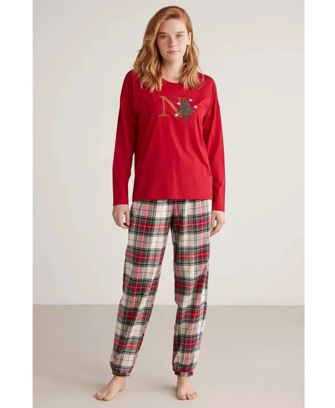 W606 Kadın Uzun Kollu Ekoseli Pijama Takımı ürün görseli 1