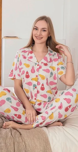 6274 Kadın Armut Desenli Patlı Pijama Takımı ürün görseli 1