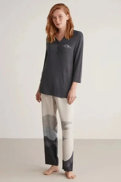 W604 Kadın Patlı V Yaka Uzun Kollu Pijama Takımı - 1