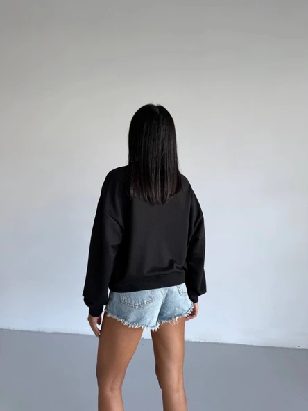 2 iplik bisiklet yaka sweat siyah f2339 - Resim 3