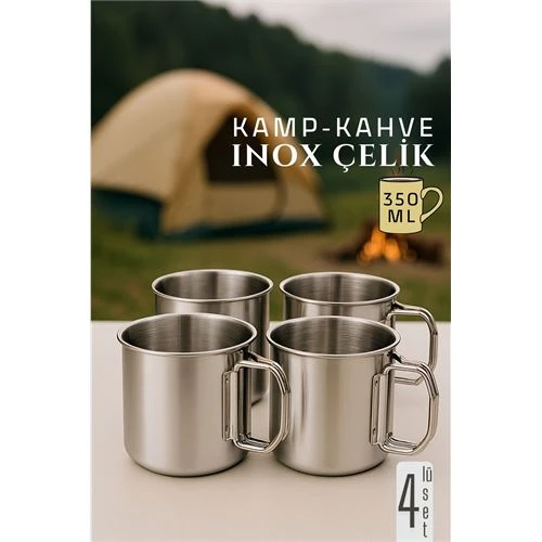 Inox Çelik Kamp Kupası - Kamp Bardağı 350 ml 4 LÜ SET - 1