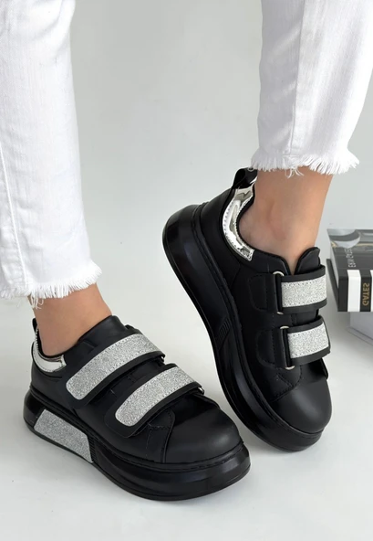 Nino Siyah Cilt Simli Cırt Cırtlı Spor Ayakkabı - Resim 3