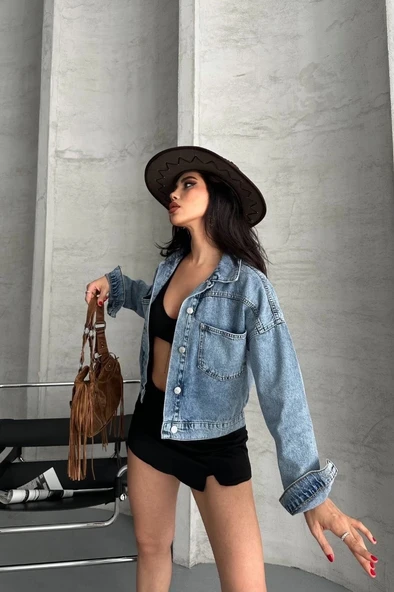 Çift cepli kol katlamalı kar yıkama crop kot ceket mavi d2000 - Resim 3