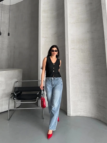 Palazzo straight kar yıkama jeans pantolon mavi d2008 - 2