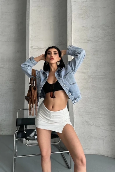 Çift cepli kol katlamalı kar yıkama crop kot ceket mavi d2000 - Resim 2