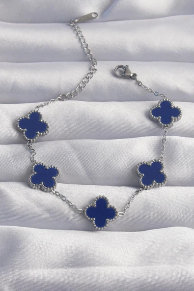 316L Çelik Gümüş Renk Mavi Mineli Yonca Bileklik