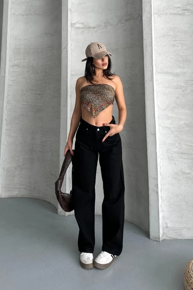 Palazzo straight enzim süper taş yıkama jeans pantolon siyah d2008 - 6