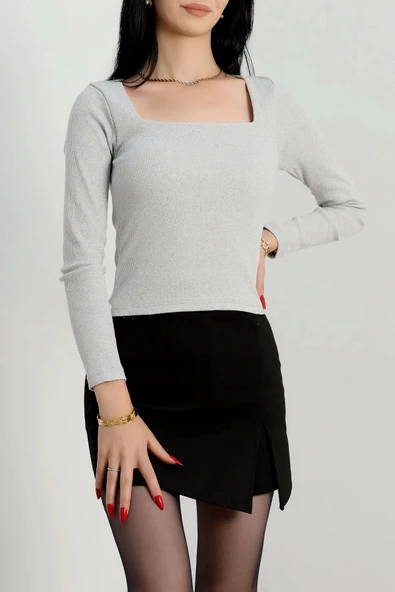 Çerçeve yaka kaşkorse bluz gri - 5