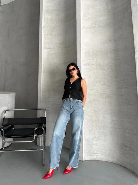 Palazzo straight kar yıkama jeans pantolon mavi d2008