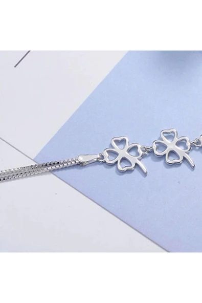 925 Ayar Yonca Tasarımlı Kadın Gümüş Bileklik Sevgililer Günü Sevgiliye Hediye - Resim 3