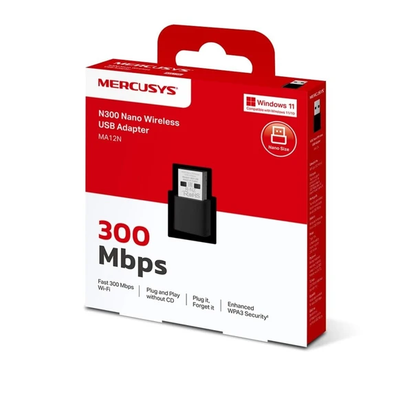 TP-LINK MERCUSYS MA12N N300 Nano 2.4Ghz 300Mbps Wi-Fi USB Adapter - Resim 3