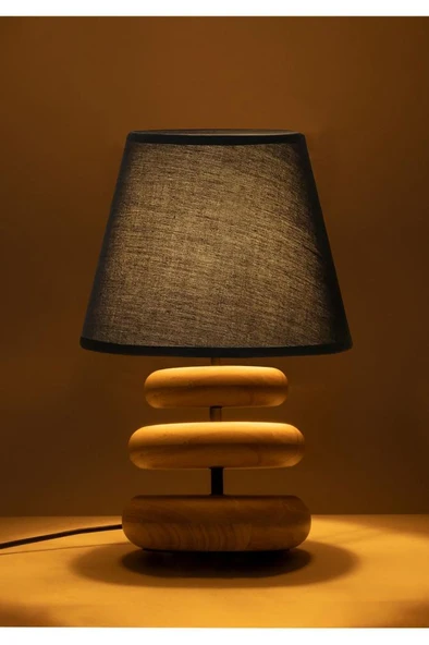 Afro Masif Ahşap Ayaklı Siyah Kumaş Şapkalı Dekoratif Abajur ürün görseli