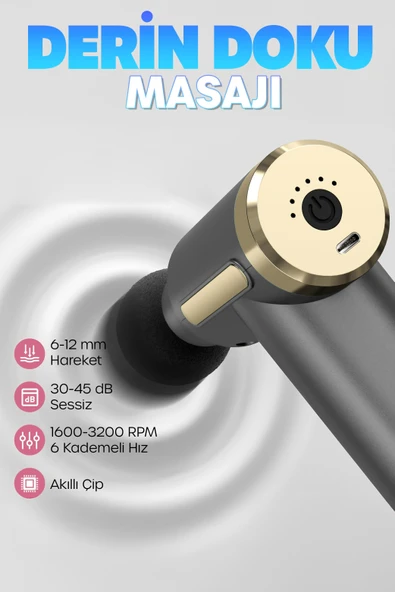 6 MOD Masaj Tabancası Sporcu Masaj Aleti 4 Başlıklı Şarjlı Titreşimli Sporcu Masaj Aleti Gri 2028 - Resim 4